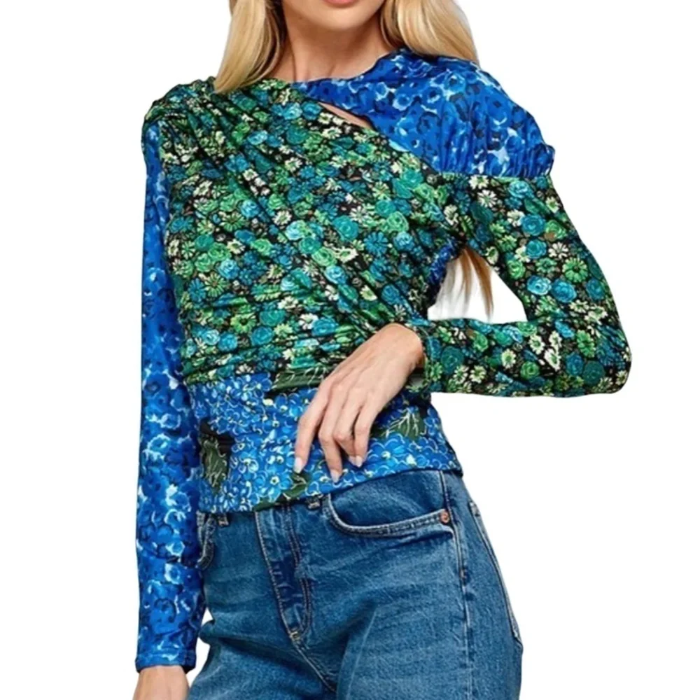 ZARA Patchwork Floral Blouse Top Keyhole Neckline Ruched Draped Cape Sleeve NWOT - Picture 2 of 16